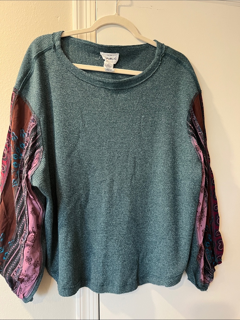 Teal Knit Pullover with Patterned Pink and Brown Balloon Sleeves